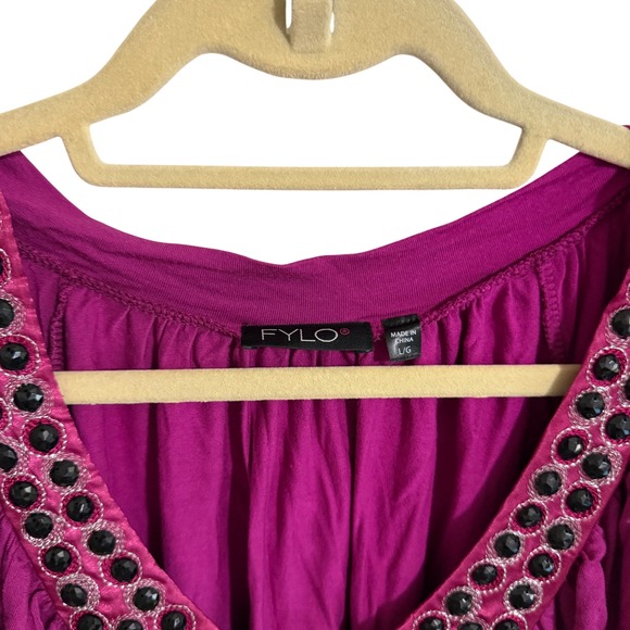 FYLO Womens Magenta Embellished V-Neck Flutter Sleeve Tunic Top Size Large - Picture 2 of 6
